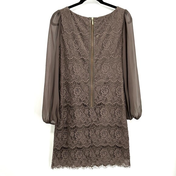 ELIZA J Stone Gray Sheer Long Sleeve Lace Cocktail Mini Dress Size 6 - Picture 2 of 8